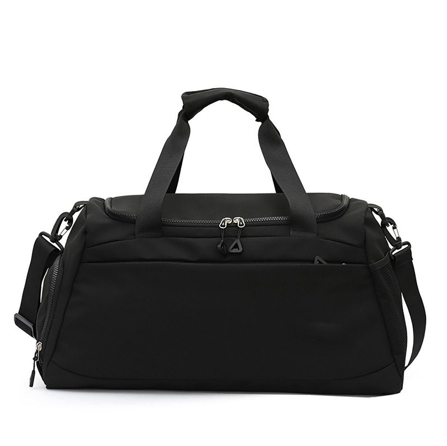Black custom gym bag women style with zipper closure and multiple compartments for organized storage
