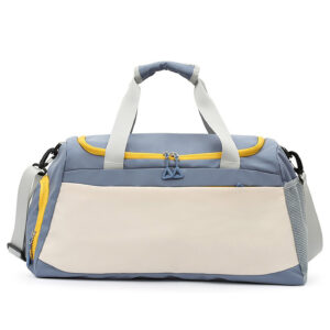 Blue waterproof travel duffel bag with yellow accents, medium capacity for workouts or weekend trips