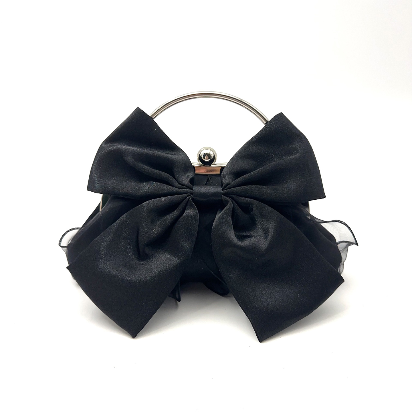 Black satin bow clutch bag with metal ring handle and organza ruffles for evening wear