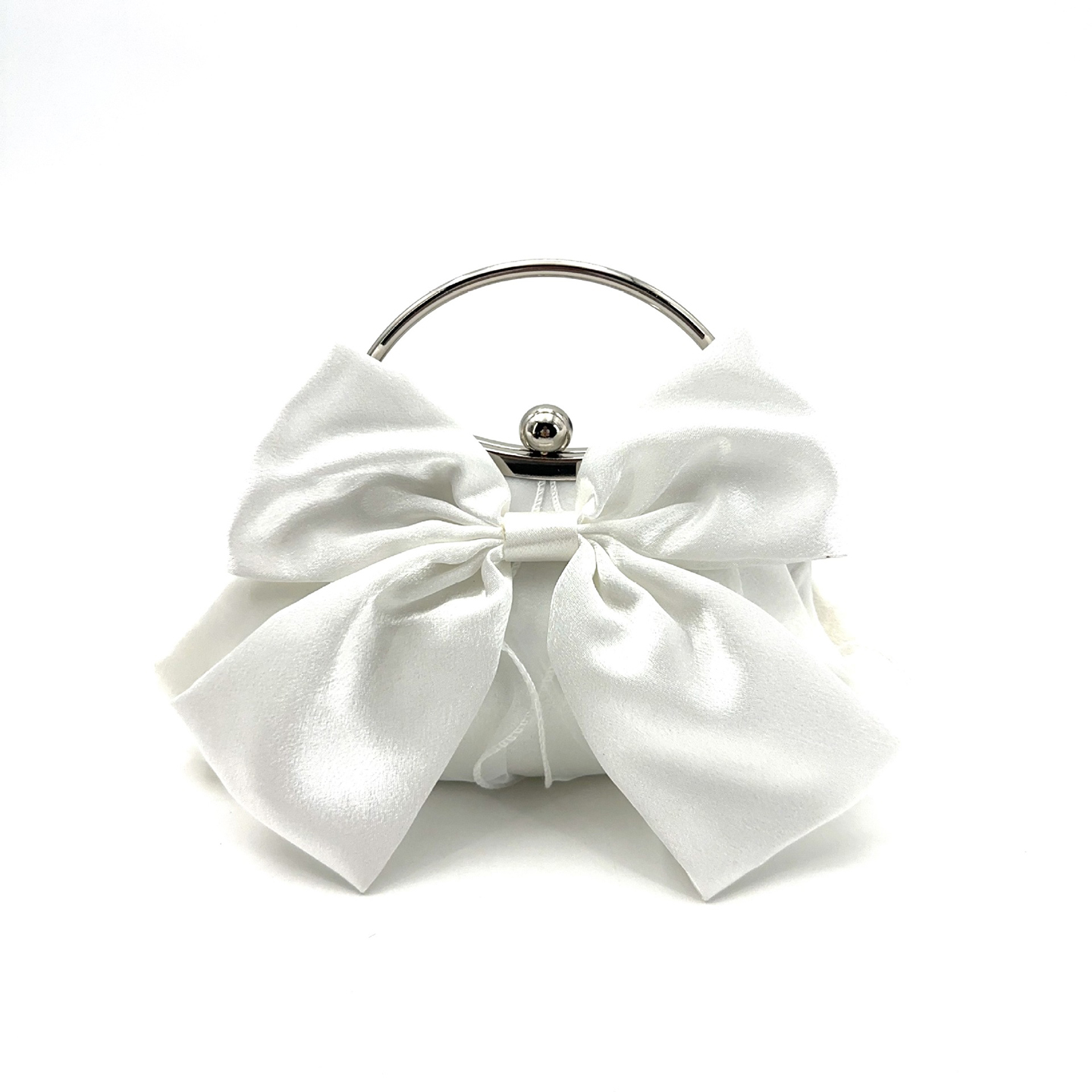 White satin bow purse with silver hardware and detachable chain for party outfits