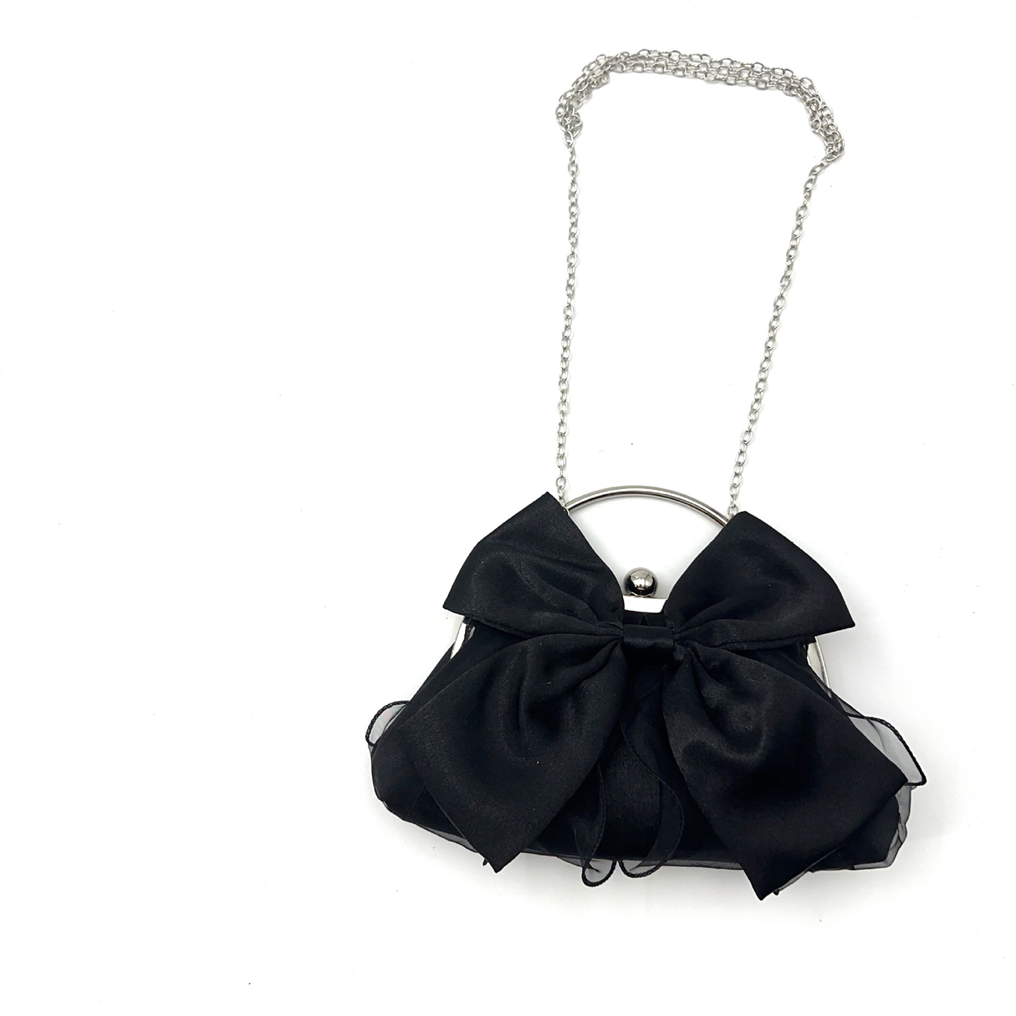 Black bow clutch with chain strap, ideal for crossbody or shoulder carrying in custom designs