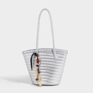 Silver metallic woven straw bag with pendant decoration for trendy cross-border styles
