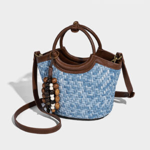 Side view showcasing woven texture and stitching on summer crossbody basket bag for women