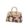 Front view of brown patchwork denim Birkin-style tote with lock closure and handles