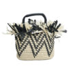 Front view of large straw tote bag with chevron weave and fringe, zipper top