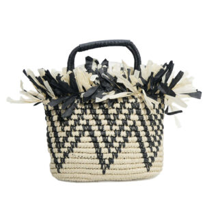 Front view of large straw tote bag with chevron weave and fringe, zipper top
