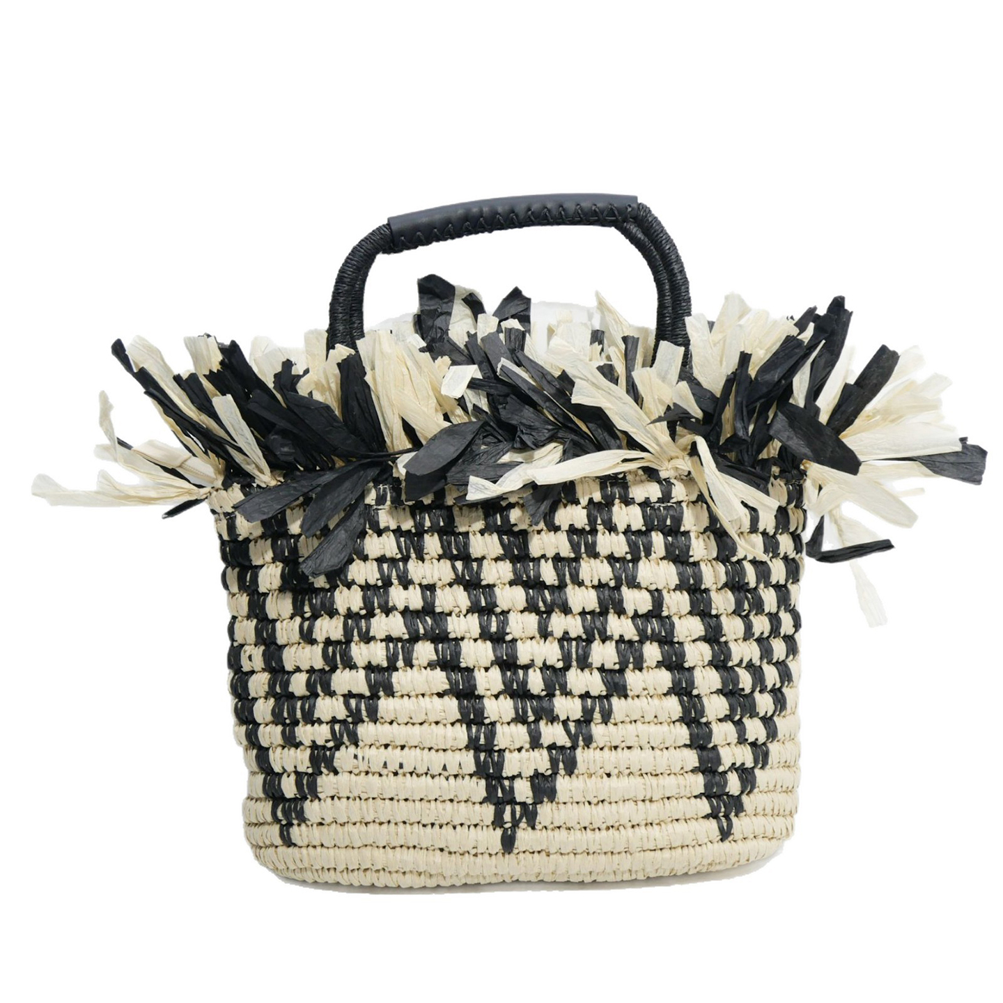 Front view of large straw tote bag with chevron weave and fringe, zipper top