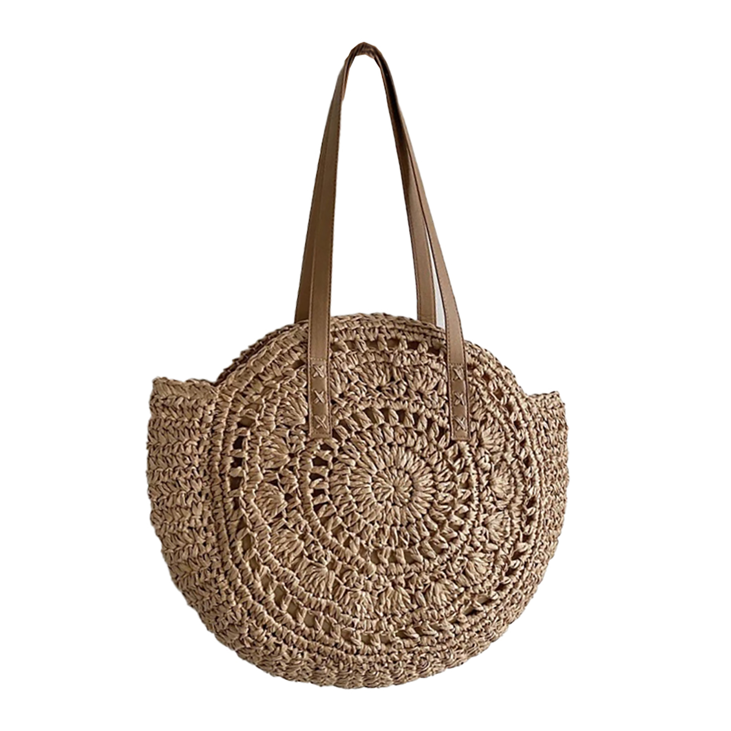 Large straw beach bag front view with round woven design
