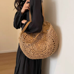 model carry brone Large straw beach bag front view with round woven design