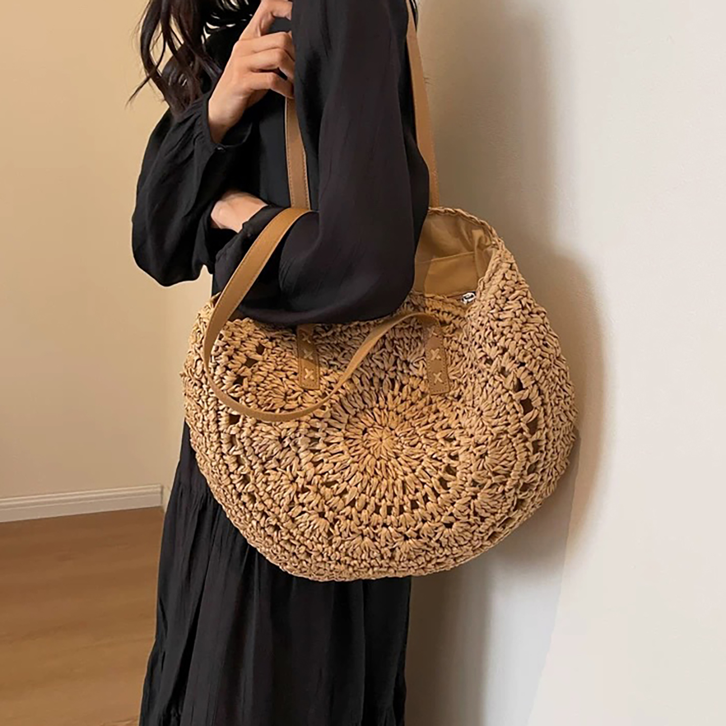 model carry brone Large straw beach bag front view with round woven design