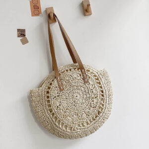 Side angle of round beach bag tote showing zipper closure and fresh style