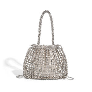 Front view of vintage silver beaded shoulder bag with sequins