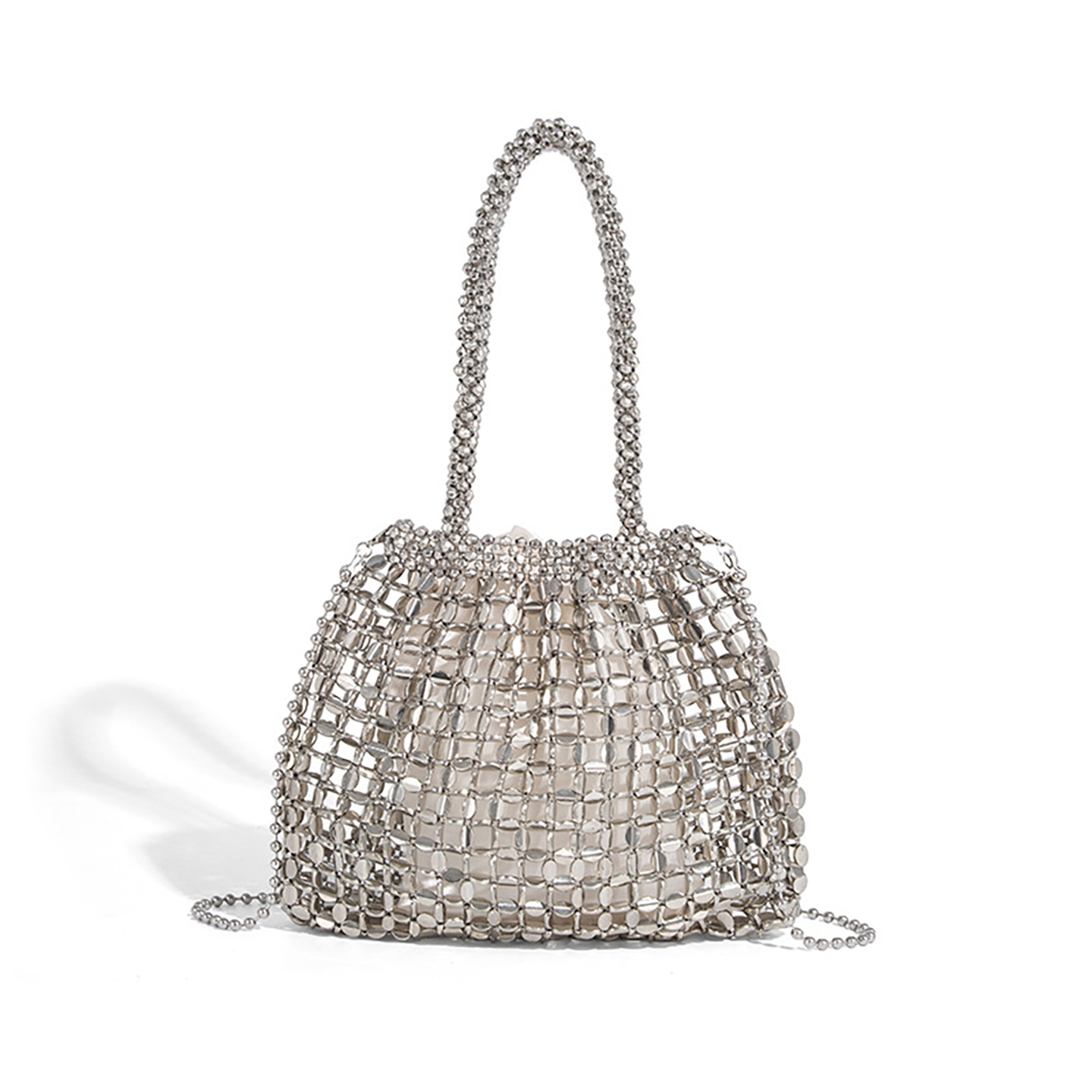 Front view of vintage silver beaded shoulder bag with sequins