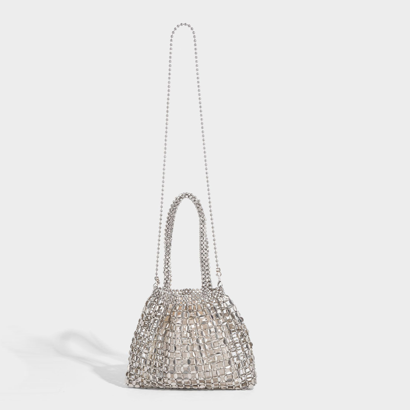 Full length shot of small party bag in silver acrylic