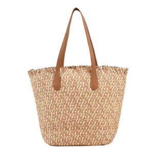 Front view of color-block large beach bag in beige woven straw