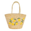 Front view of handmade embroidered straw bag with mango designs