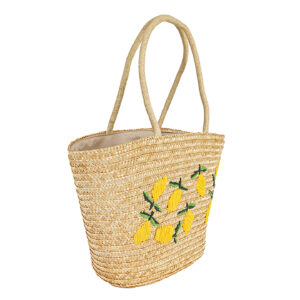 Side angle of large woven tote bag featuring embroidery