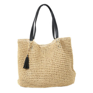 Side profile showing the unique heart-shaped structure of the straw tote bag.