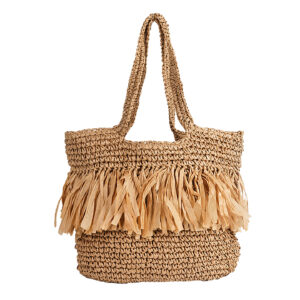 Front view of the urban minimalist woven straw handbag showing the upright rectangular shape.