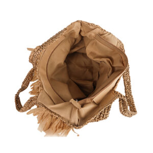 Interior view of the woven bag showing the polyester lining and phone/ID pockets.