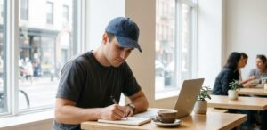 a man wearing a faded navy blue unstructured dad hat